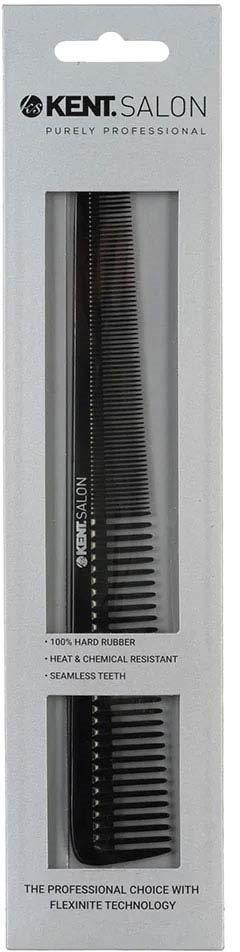 A package of hair combs labeled Kent Salon, made of hard rubber, heat resistant, and seamless, with black combs inside.