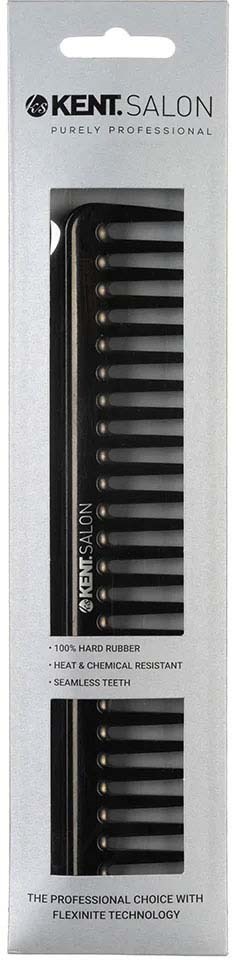 A box contains a black hair dye brush with multiple combs, labeled 'KENT SALON' for professional use, made of rubber.