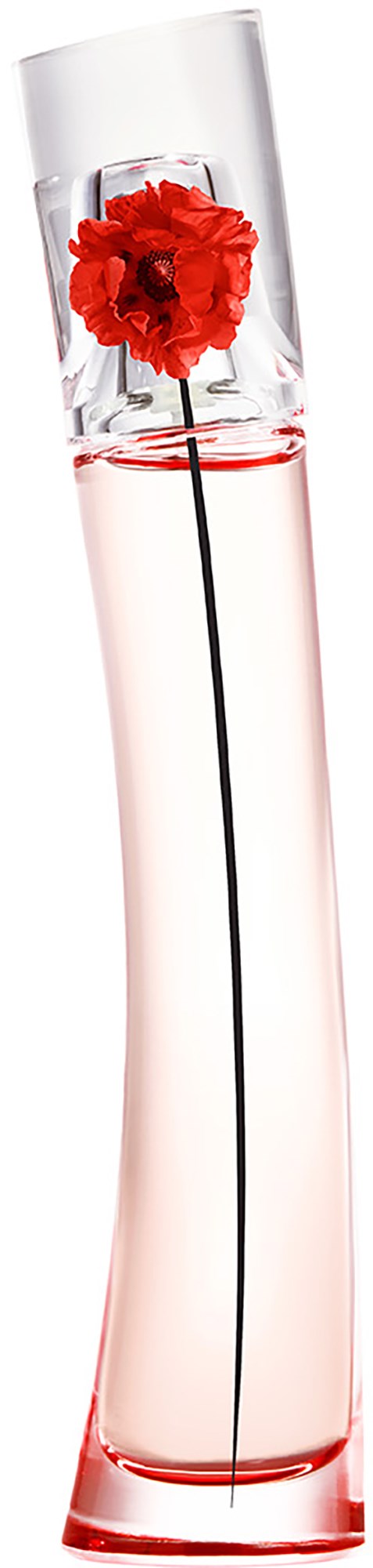 A tall, curvy glass with a red flower inside and pinkish liquid. The flower's stem extends to the bottom.