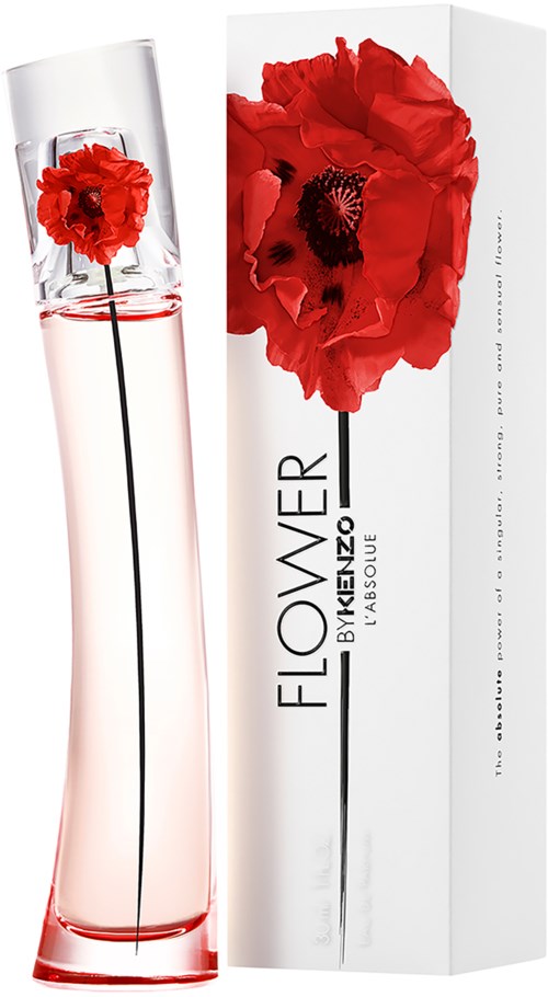 A perfume bottle with a bright red flower design on the label and box. The bottle is tall and slender.