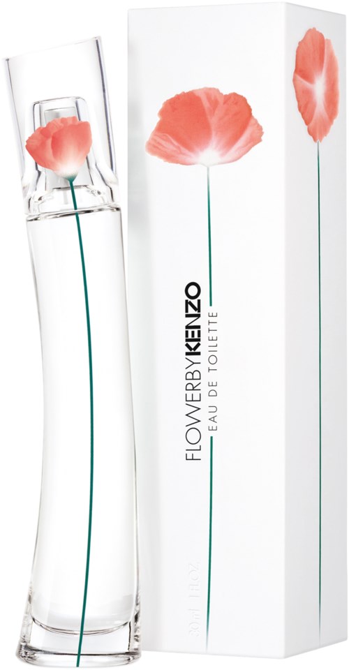 A perfume bottle and box featuring a pink flower design, with the name 'FLOWER BY KENZO' on the box.