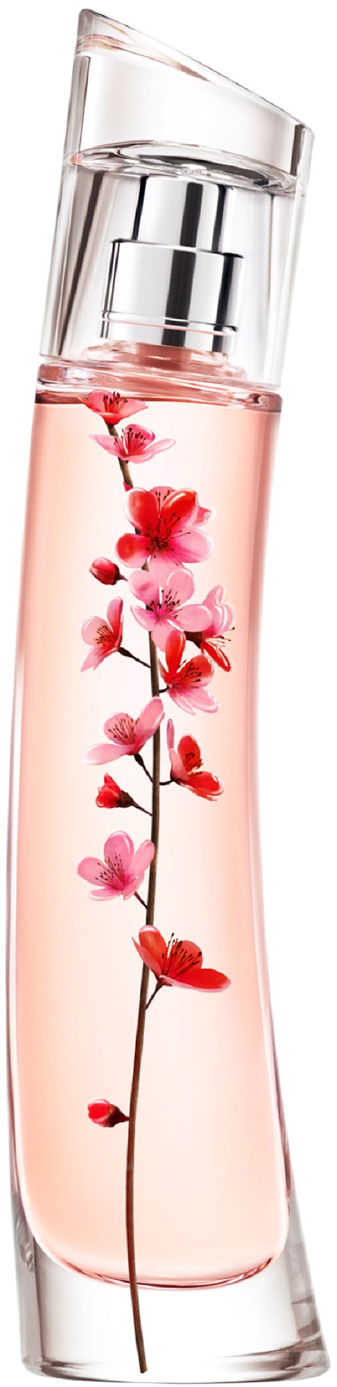 A tall, curved glass bottle with pink liquid and flower design inside, with a clear cap and silver spray top.