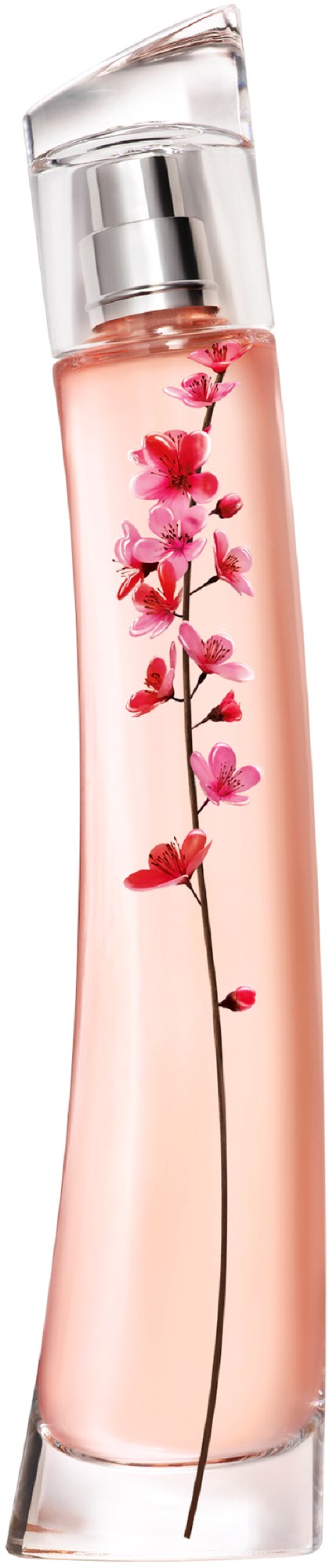 Ein langer, schlanker Parfümflasche mit rosa Flüssigkeit und einer Blume im Inneren, mit klarem Deckel.