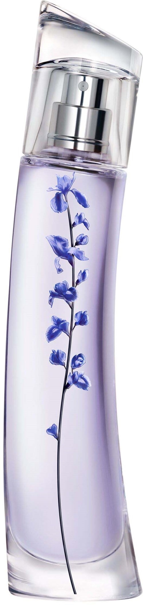 A tall perfume bottle with a curved shape and blue floral design inside. It has a spray nozzle at the top.