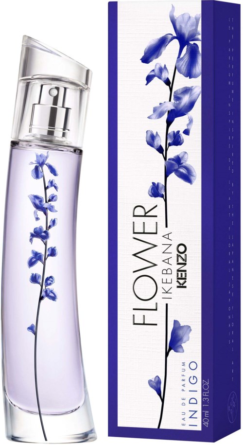 A perfume bottle with a blue floral design and a matching box, labeled 'Flower by Kenzo'.