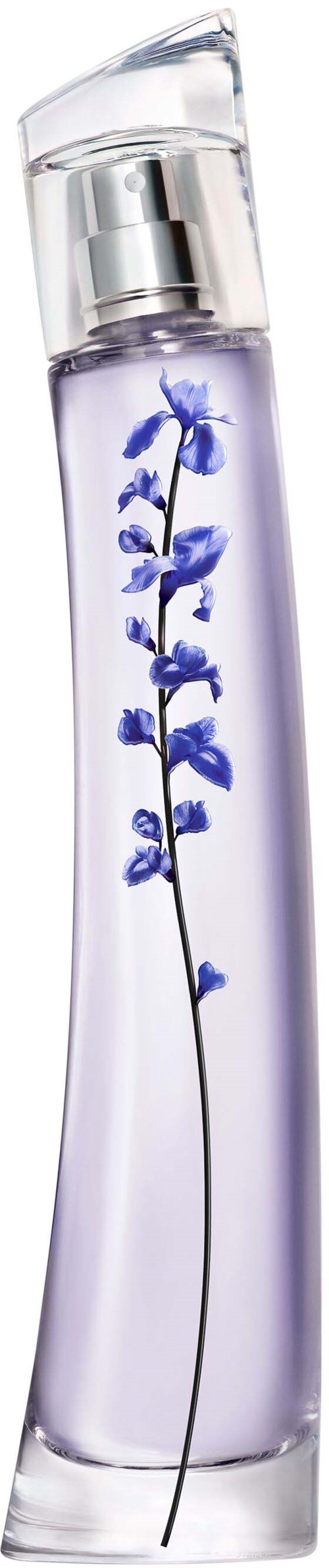 A tall, curved glass bottle contains purple liquid with a small blue flower inside.