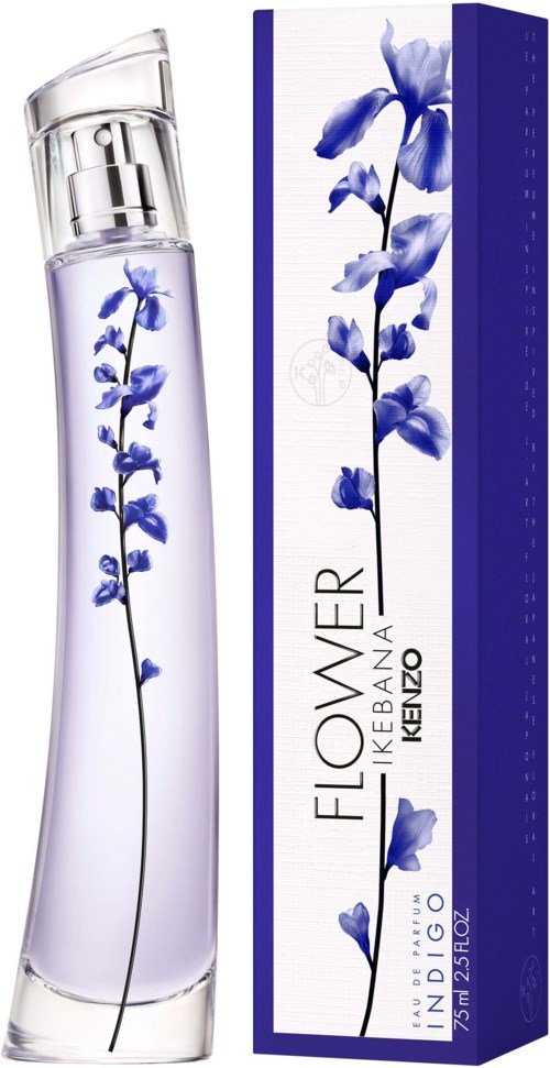 A perfume bottle and box with blue flower design, labeled "Flower" and "Kenzo".