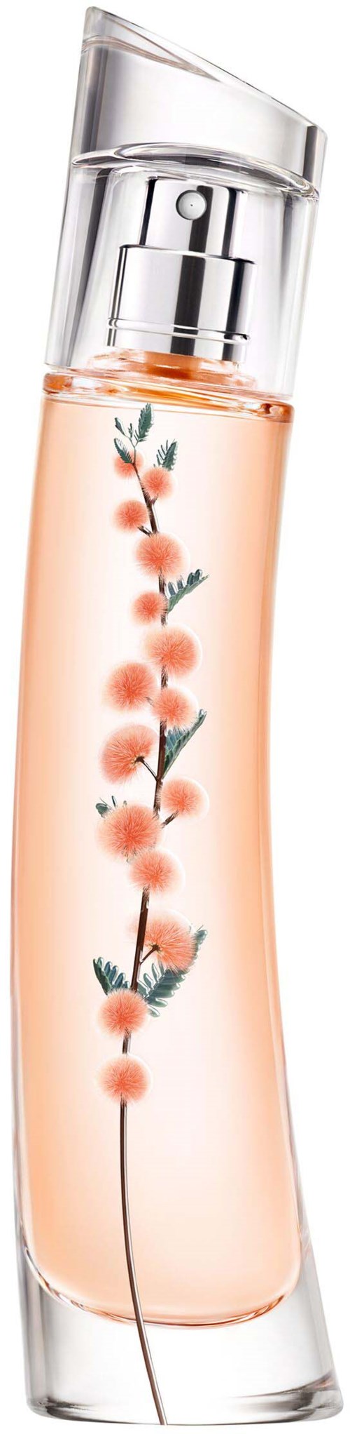 A tall, clear bottle with pink liquid and a floral design, featuring a silver spray top.