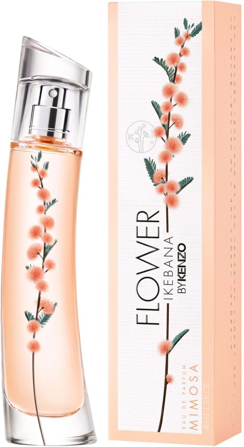 A perfume bottle and box with a pink floral design and the name 'Flowermint' by Kenzo, with mint leaves illustration.