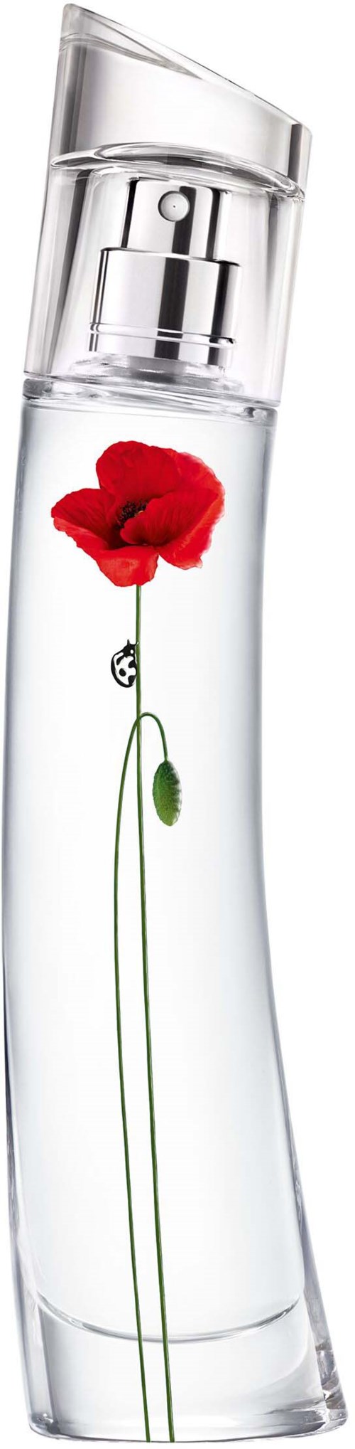 A clear perfume bottle shaped with a red flower design inside, and a spray nozzle at the top.