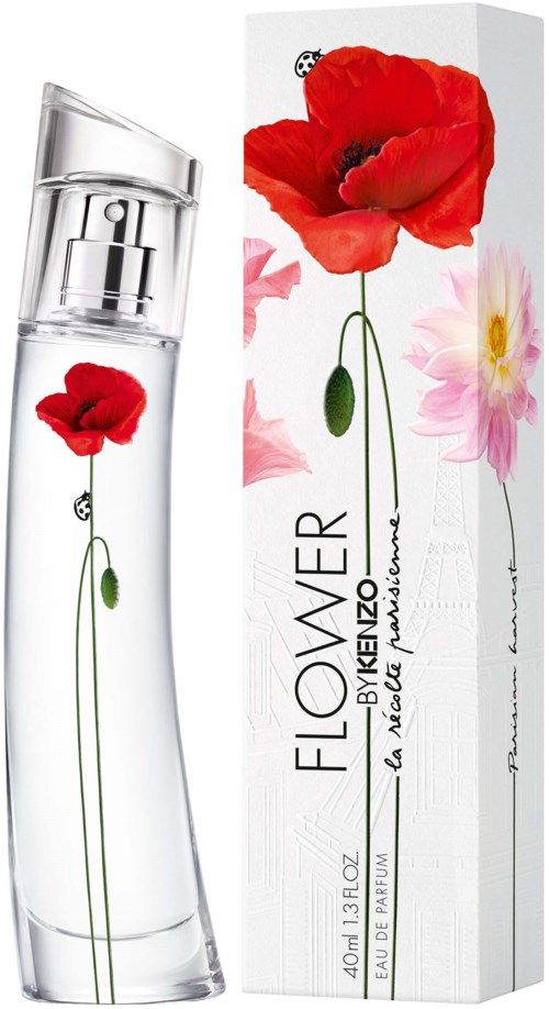 A perfume bottle and box feature a red poppy and pink flower design, with the word 'FLOWER' and other text.