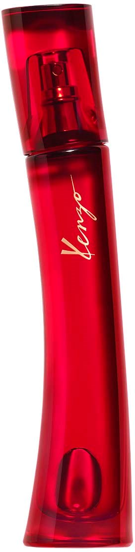 A tall, red, curved spray bottle with a transparent cap and a white signature logo.