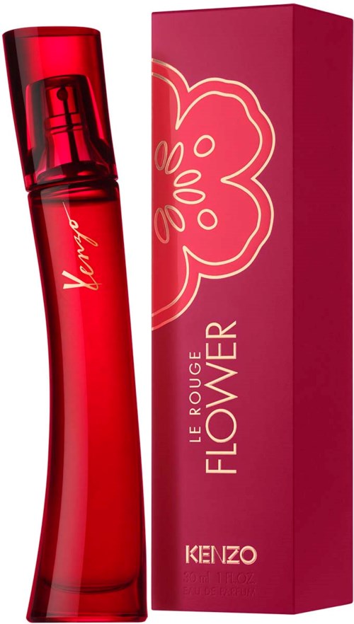 A red perfume bottle with a tall, curved shape next to a pink box with flower illustrations and text.