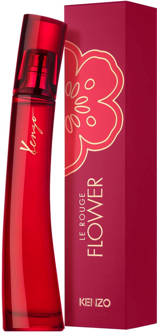 Red perfume bottle with flower design and Kenzo logo, next to a matching pink box with floral graphics.