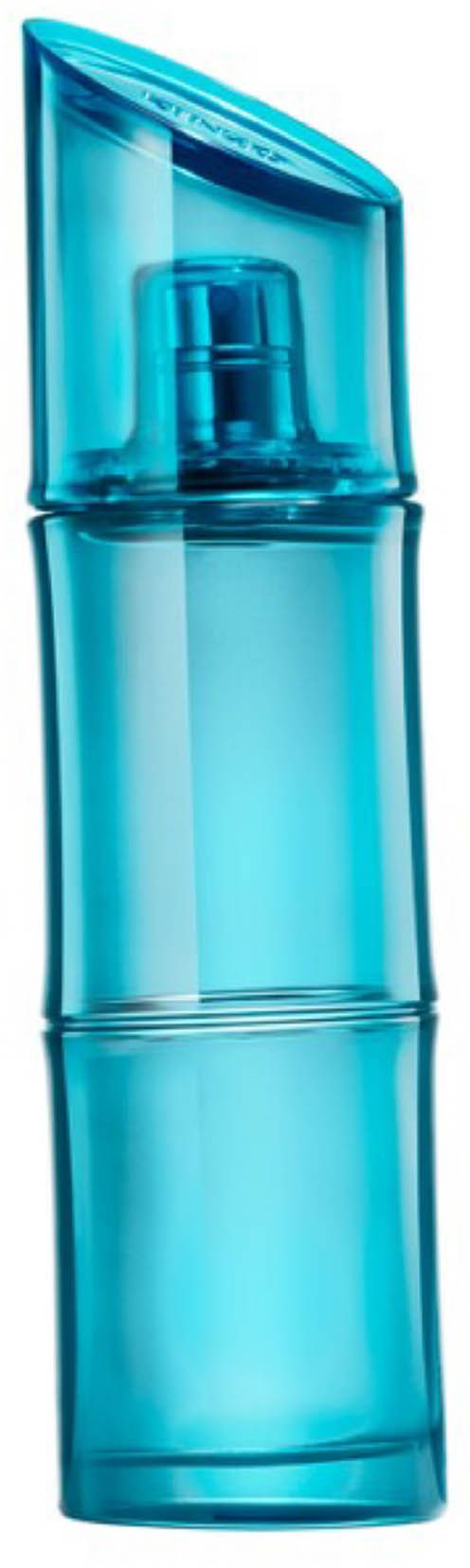 A tall blue spray bottle with a curved cap and a spray nozzle at the top.