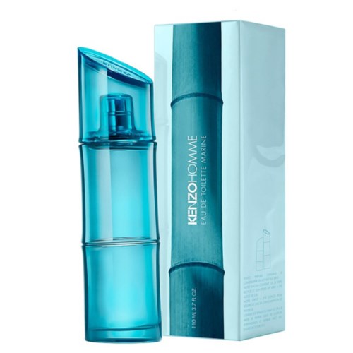 A blue, tall perfume bottle with spray nozzle and matching box, labeled 'KENZO HOMME Eau de Toilette Marine'.