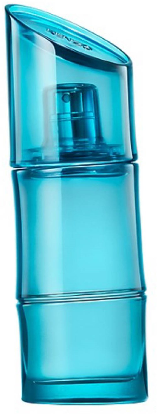 A blue, curved bottle with a spray nozzle, likely a cosmetic or skincare product.