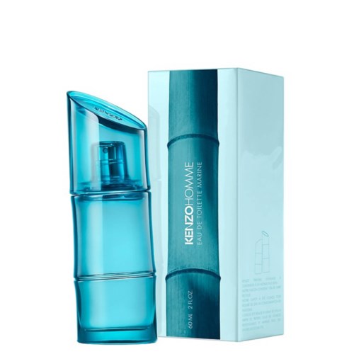 A blue perfume bottle with a matching box, designed for men, labeled "KENZO HOMME."