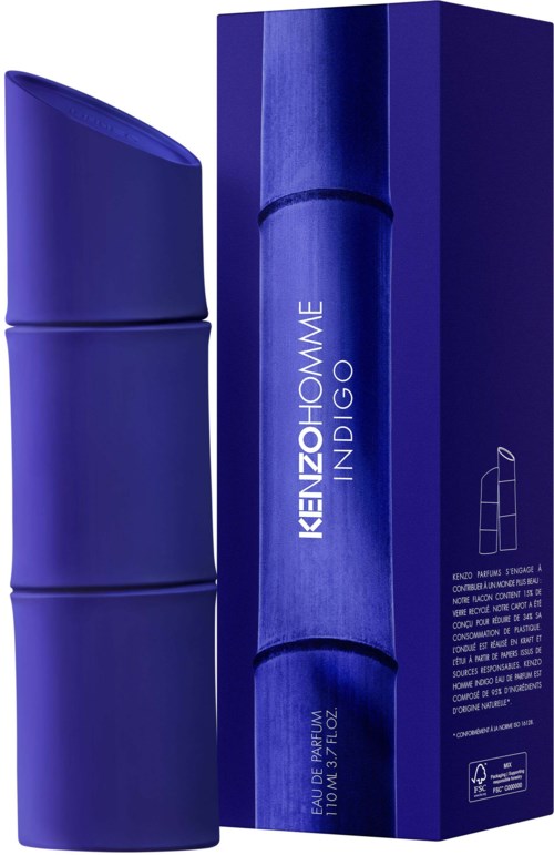 Kenzoki Homme Indigo perfume bottle and box in dark blue color. The box has white text and design details.