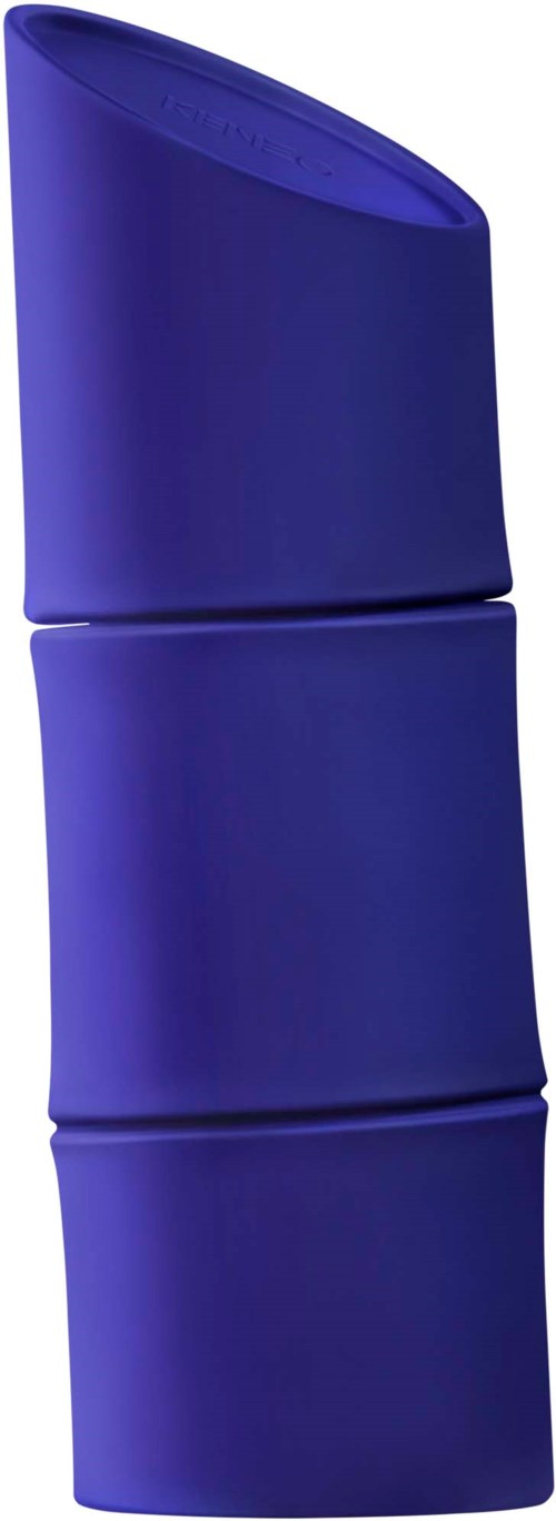 A tall, blue, three-part container with a slanted top.