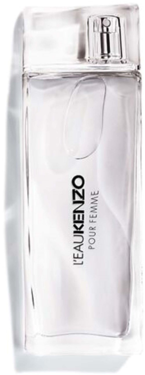 A clear perfume bottle with a spray nozzle, labeled 'L.EAU KENZO POUR FEMME' in black text.