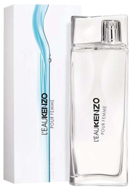 A clear perfume bottle with a spray top, next to a white box with blue design, labeled 'L'Eau Kenzo Pour Femme.'