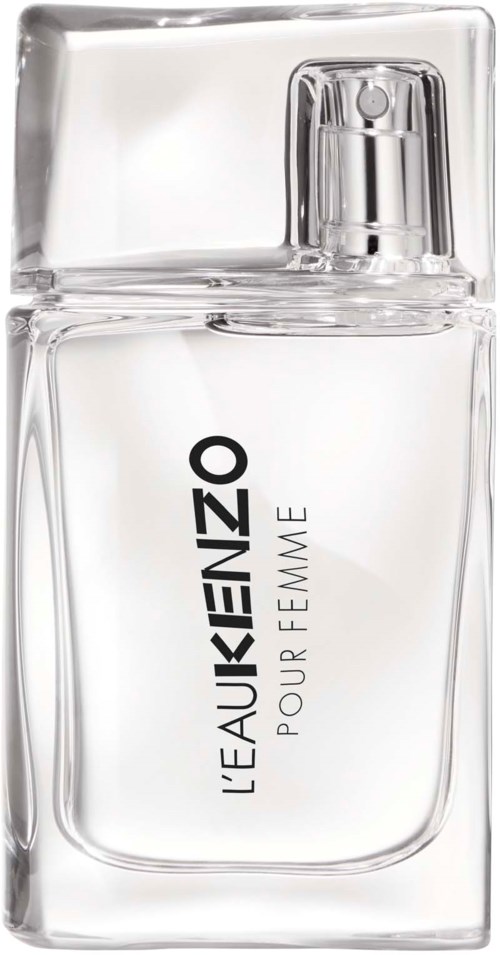 A clear glass perfume bottle with black text, labeled 'L'EAU KENZO POUR FEMME,' and a spray nozzle.