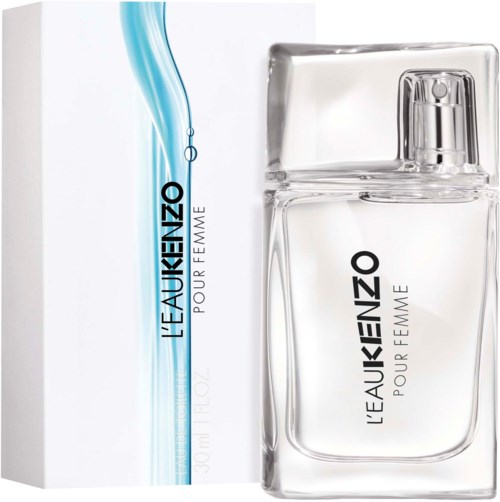 A clear glass perfume bottle with a spray top, next to a white box, labeled 'L'EAU KENZO POUR FEMME' in black.