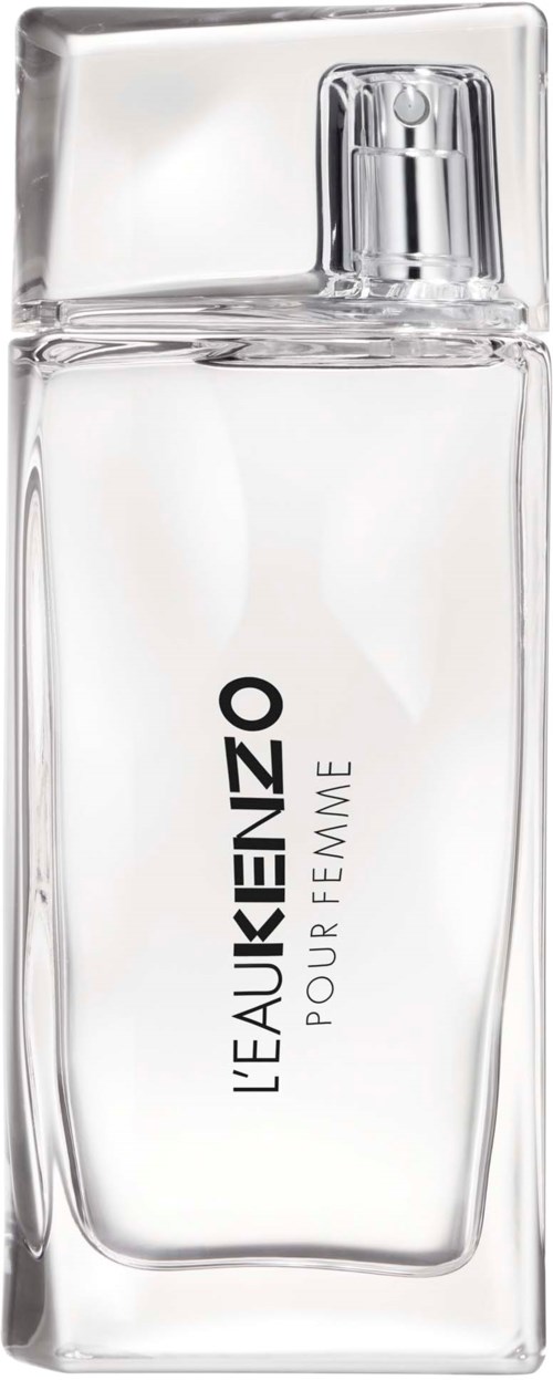 A clear perfume bottle with black text saying 'L'EAU KENZO POUR FEMME' on the front.
