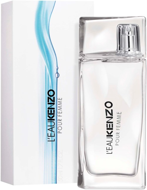 A transparent glass perfume bottle and a box labeled "L'eau de Kenzo Pour Elle Femme" with blue water splash design.