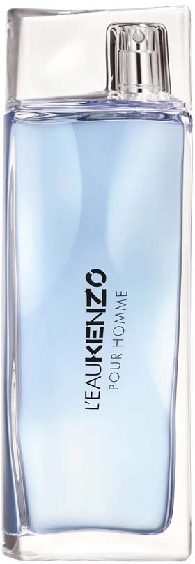 A tall glass bottle with light blue liquid, silver cap, and black text on the front, labeled 'L'EAU DE TEINT Z' and 'POUR HOMME.'