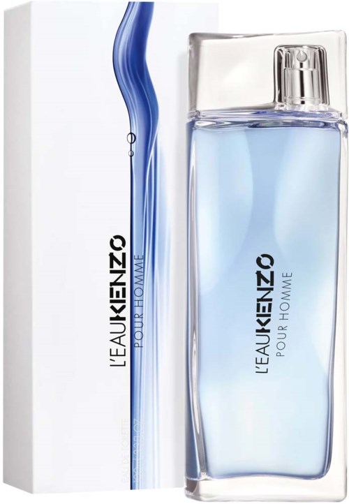 A perfume bottle with a blue liquid, next to its box, labeled "L'EAU KENZO POUR HOMME."