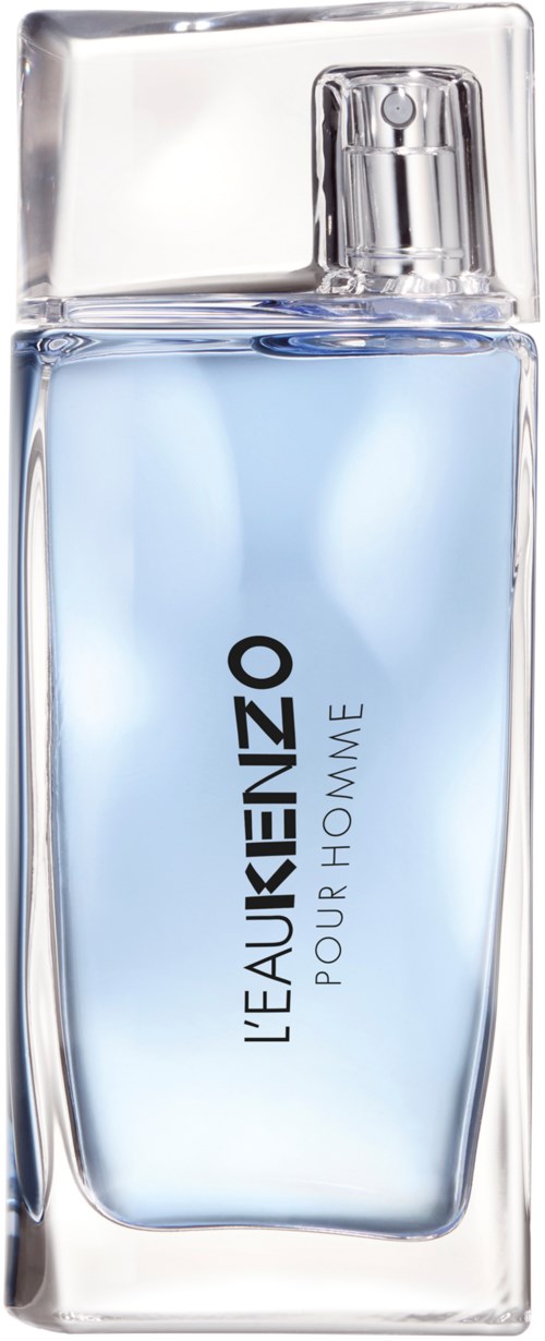 A clear glass perfume bottle with light blue liquid and black text, titled "L'EAU QUENZO POUR HOMME."