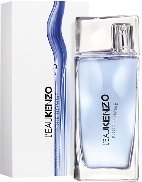 A clear glass bottle with blue liquid perfume, and a white box with blue perfume splash design, labeled "L'Eau Kenzo Pour Homme."