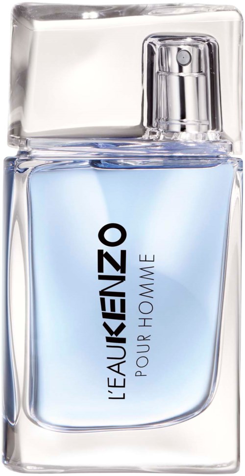 A perfume bottle with light blue liquid, clear rectangular glass, and black text saying 'Le Fauzienzo Pour Homme.'