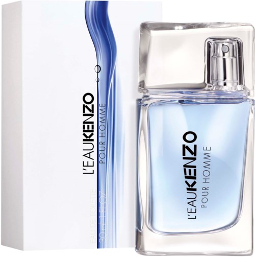 A clear glass perfume bottle with blue liquid inside and a white box next to it. The label says L'EAU KENZO POUR HOMME.