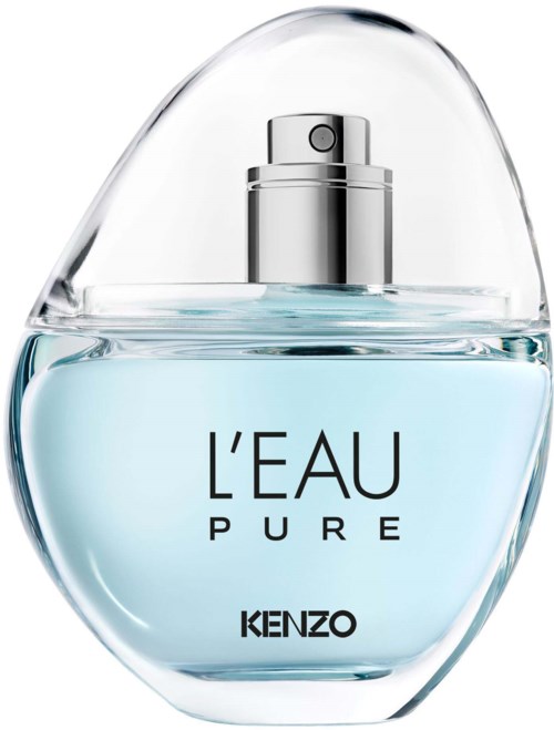 En klar parfymeflaske merket 'L'EAU PURE' av Kenzo, med en sølv sprayhette, i en oval glassbeholder.