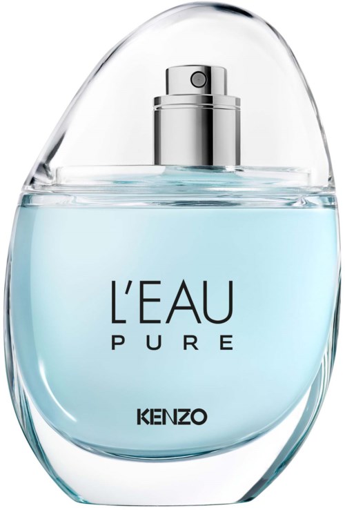 Eine klare Glas-Parfümflasche mit blauer Flüssigkeit, gekennzeichnet 'L'EAU PURE' von Kenzo, mit silberner Zerstäuber.
