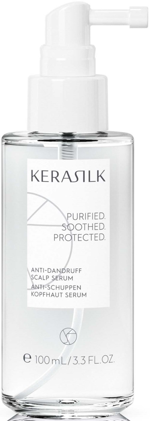 Eine klare Flasche mit weißem Pumpkopf, etiketti Kerasik Anti-Schuppen Kopfhauts Serum, 100 mL.