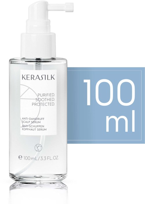 Klare Flasche mit Pumpe, enthält 100 ml Kopfhautserum gegen Schuppen.
