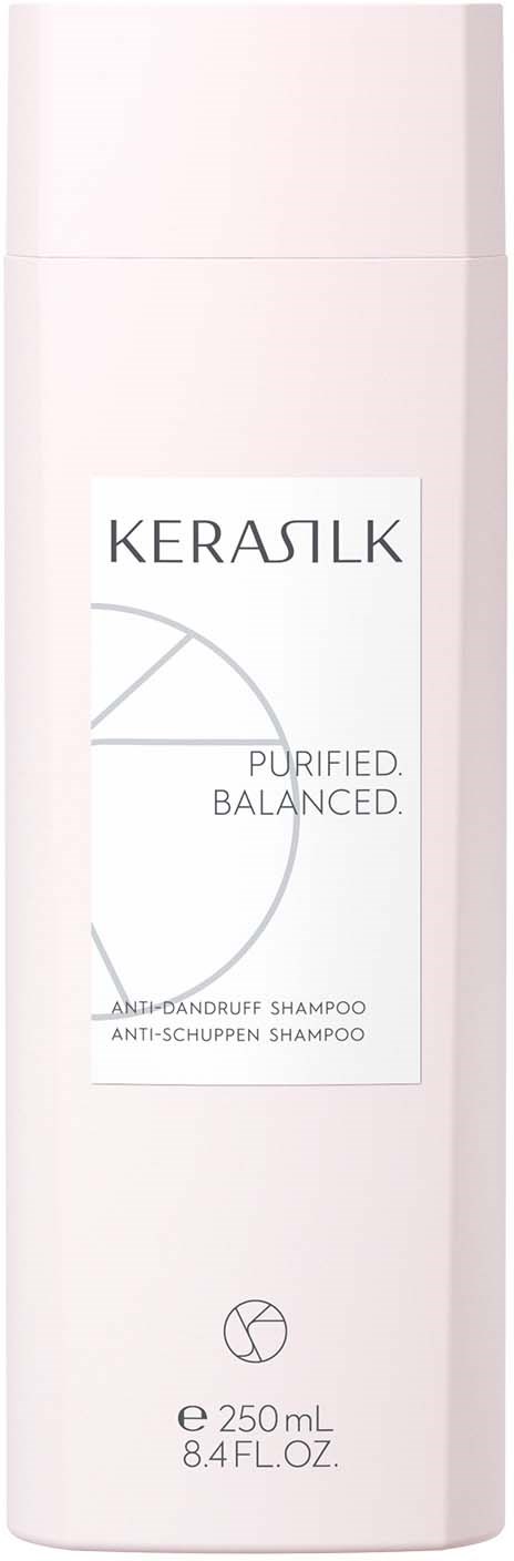 Weiße Shampoo-Flasche mit KERASILK, beschreibt es als gereinigt und ausgewogen, 250 ml.