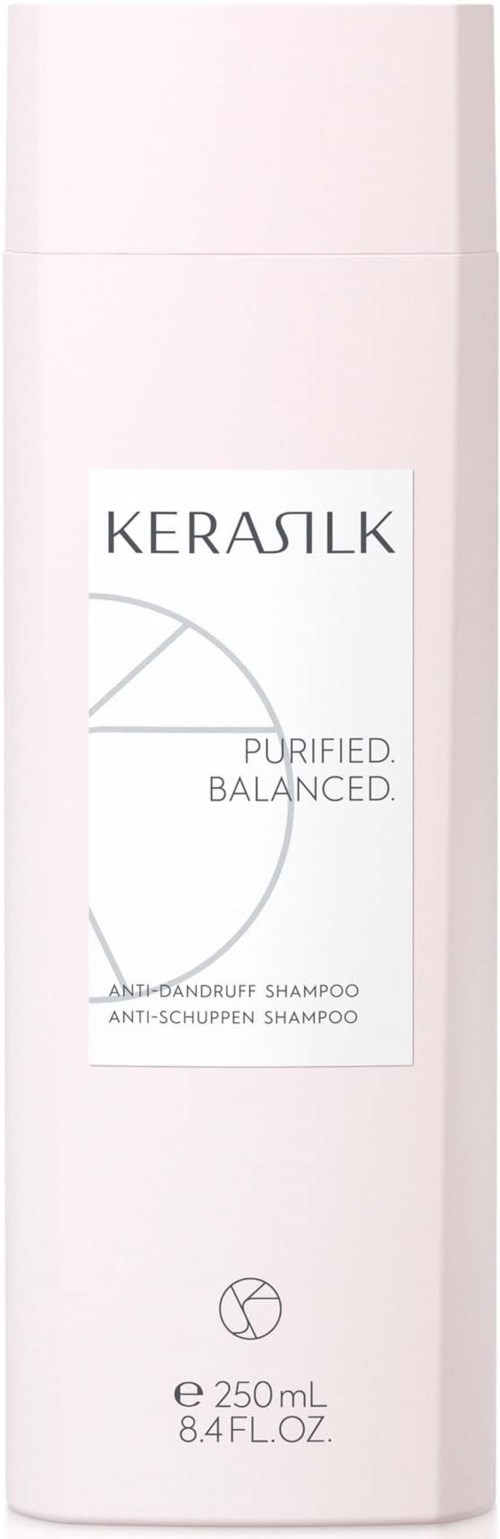 Lange, weiße Shampoo-Flasche mit einem Etikett, auf dem Kerasilk, Purified, Balanced und Antischuppen steht. Es hat 250 ml.