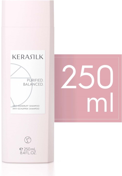 Eine weiße Flasche Kerasilk-Shampoo mit rosa Etikett und 250 ml Volumen.