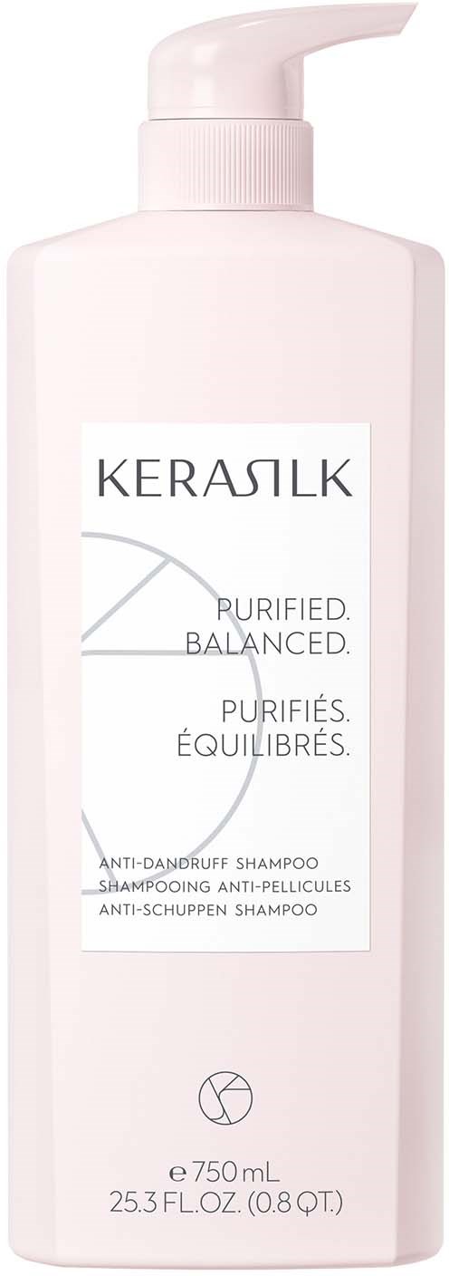 En vit flaska med pump. Den är märkt KERASILK, anti-inflammatorisk schampo för balanserat, renat hår. 750 ml.
