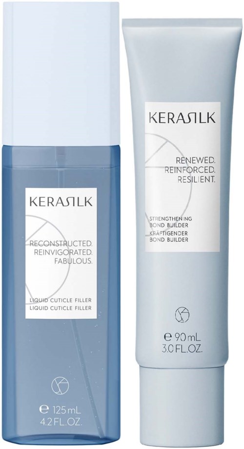 Ein Hautpflegeprodukt mit zwei Behältern: eine lange blaue Flasche und eine weiße Tube, gekennzeichnet mit KERASILK, für Haarbehandlung.