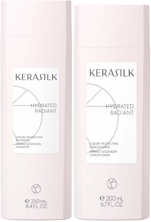 Zwei weiße Flaschen mit schwarzem Text, gekennzeichnet als Shampoo und Conditioner von Keraslik, betonen Feuchtigkeit und Glanz.