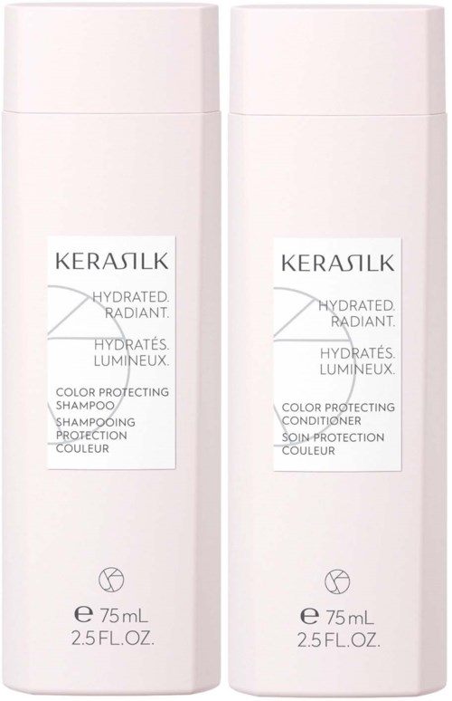 Zwei weiße Flaschen, eine für Shampoo und eine für Conditioner, beschriftet KERASILK, je 75 ml.
