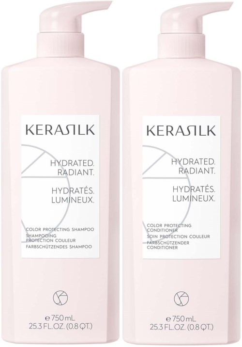 Zwei pinke Flaschen für Shampoo und Conditioner mit weißen Etiketten und schwarzem Text.