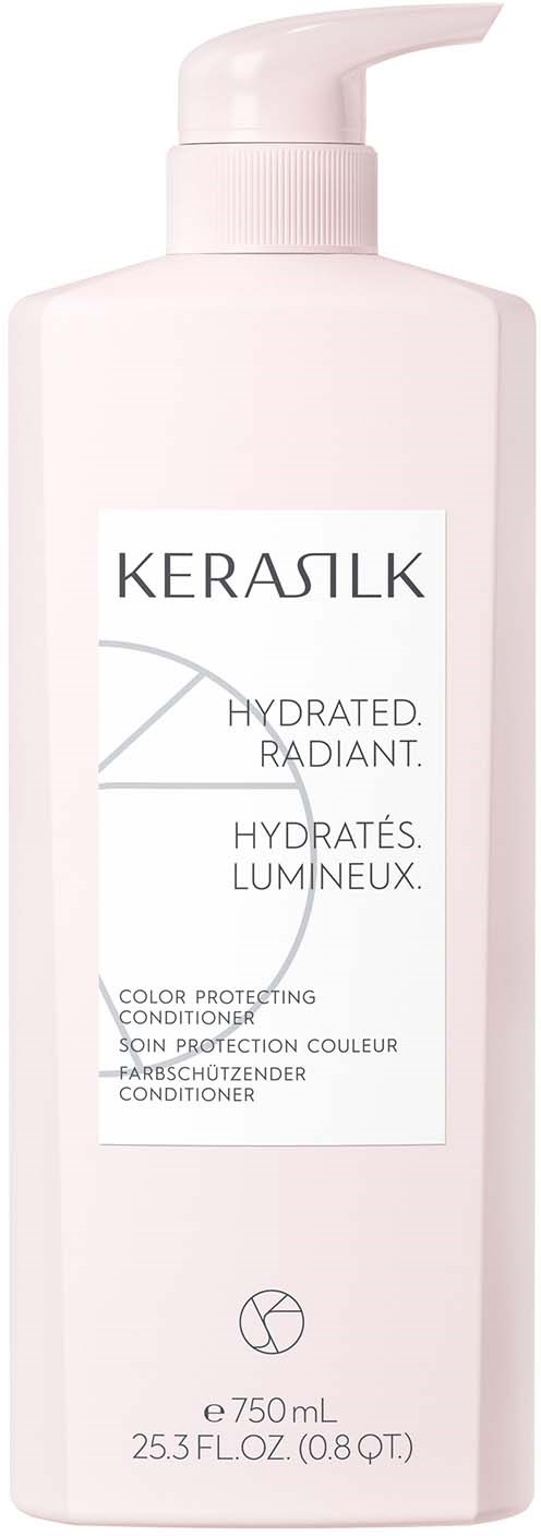Eine weiße Flasche mit Pumpe, beschriftet 'KERASILK,' bietet Haarpflege mit Fokus auf Hydratation und Farbschutz.