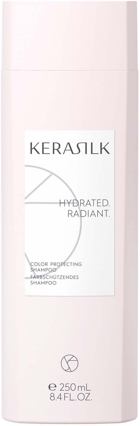 Eine weiße Shampooflasche mit Etikett, das 'KERASILK' und 'HYDRATED. RADIANT.' sagt, mit Größenangabe am unteren Rand.